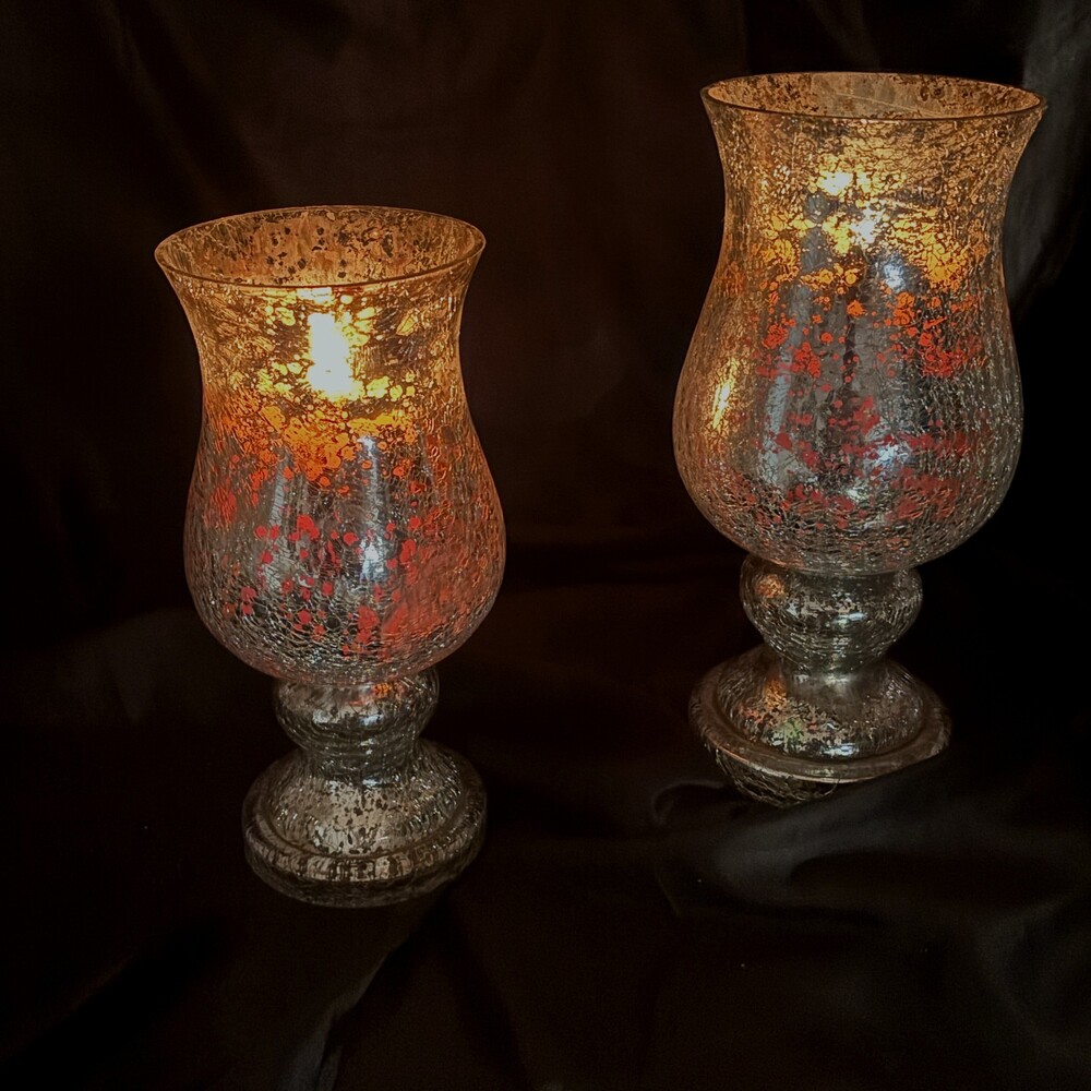 Pair Mercury Glass Hurricane Candle Holders Silver Crackled Finish